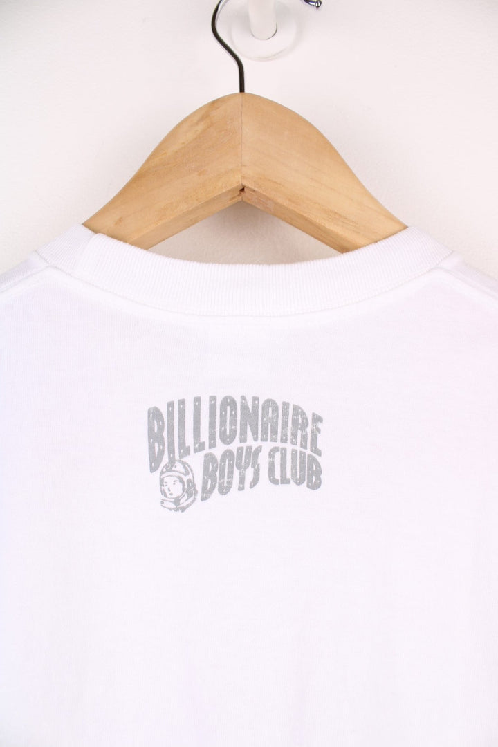 White Billionaire Boy's Club tee with face design in grey and logo on the back. 