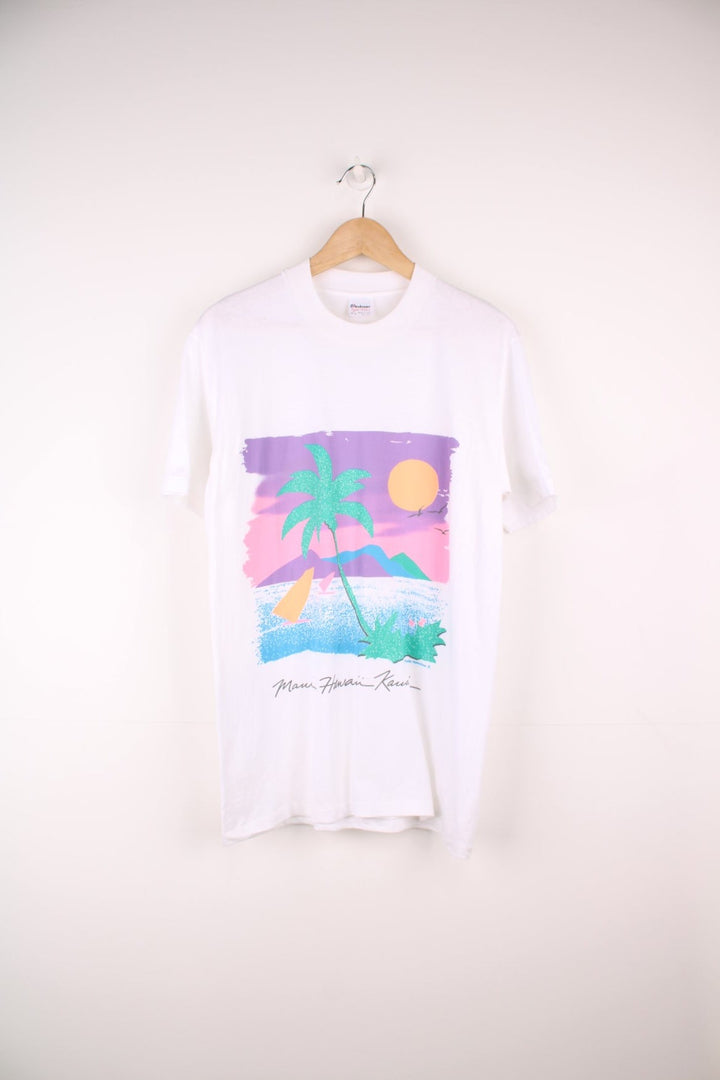 White Maui, Hawaii, Kauai spellout tee with sunset beach design. 