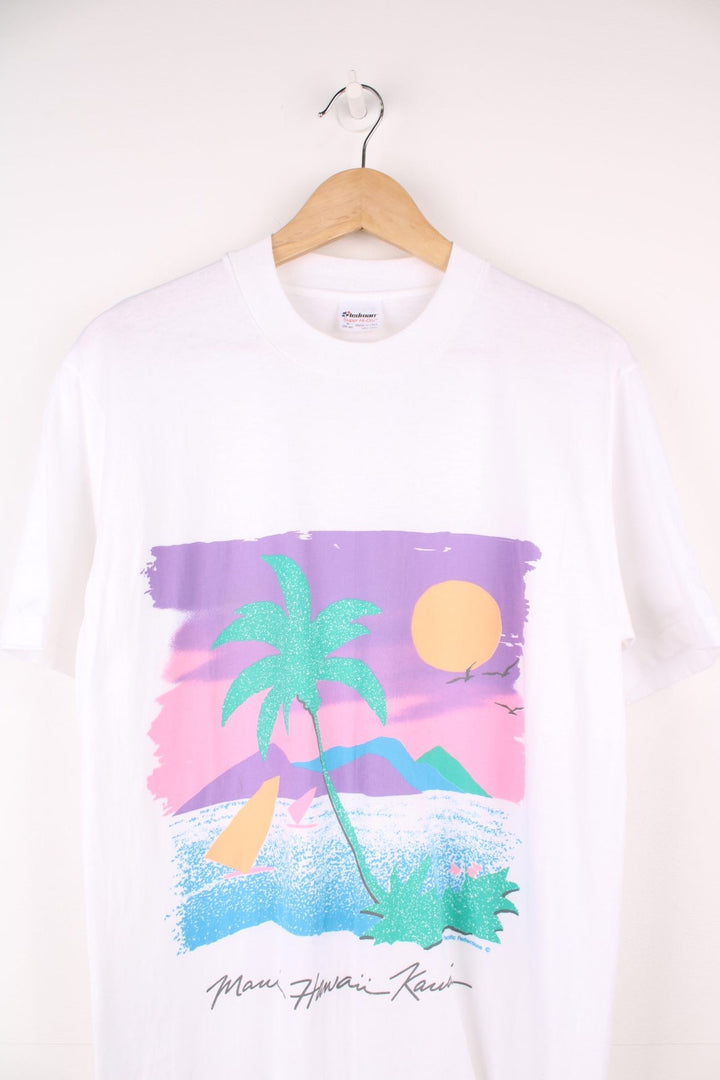 White Maui, Hawaii, Kauai spellout tee with sunset beach design. 