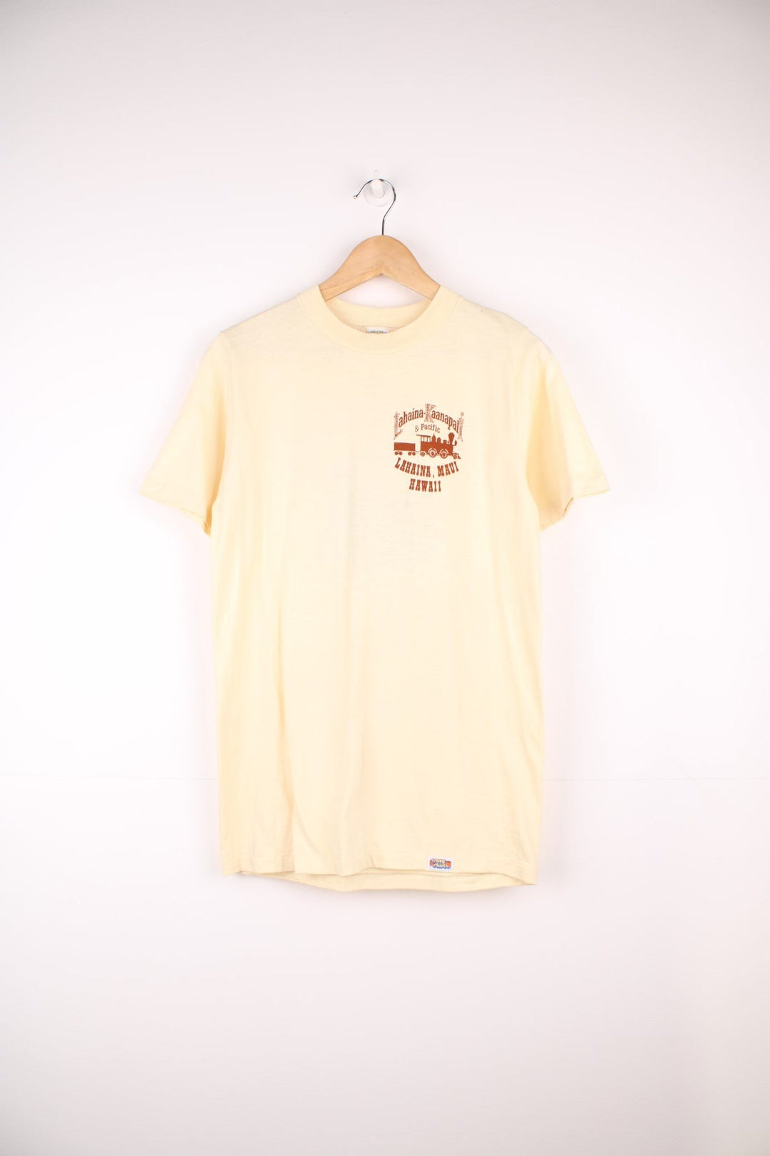 Vintage 1980's Crazy Shirt "Hawaii Maui Lahaina Kaanapali and Pacific Railroad" single stitch graphic t-shirt in tan.