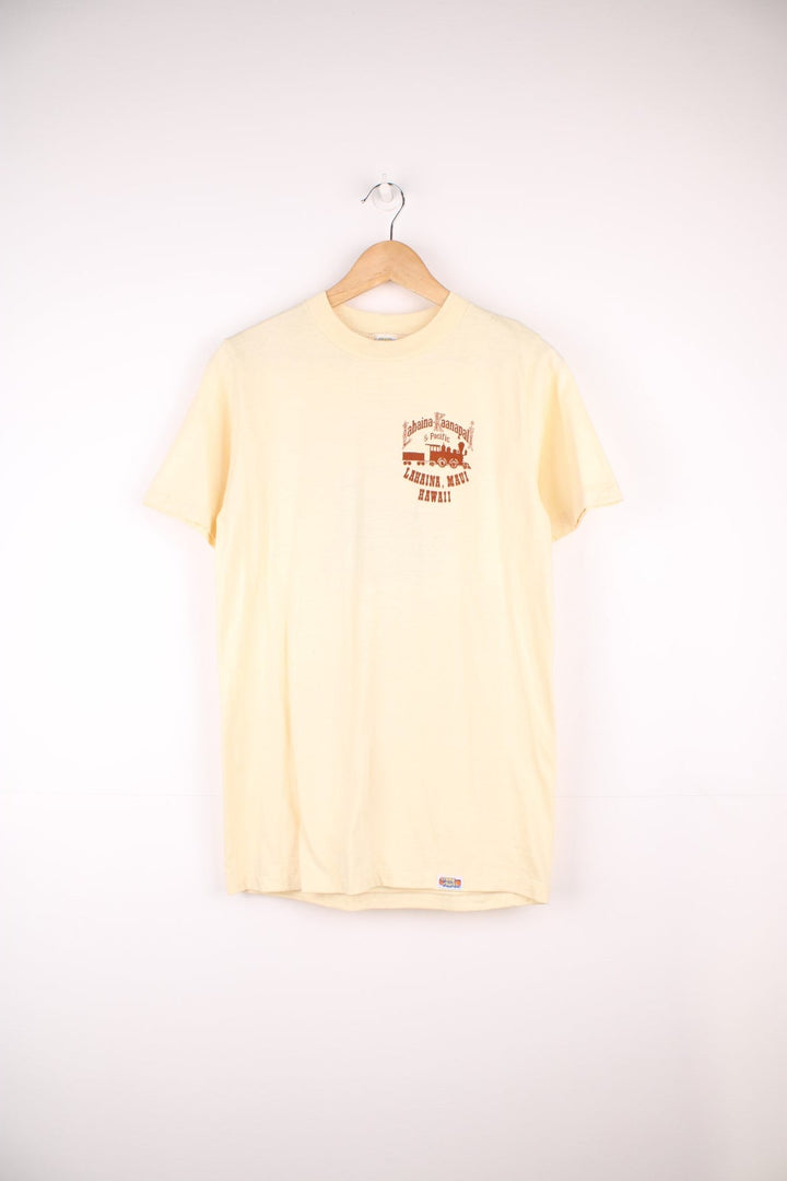 Vintage 1980's Crazy Shirt "Hawaii Maui Lahaina Kaanapali and Pacific Railroad" single stitch graphic t-shirt in tan.