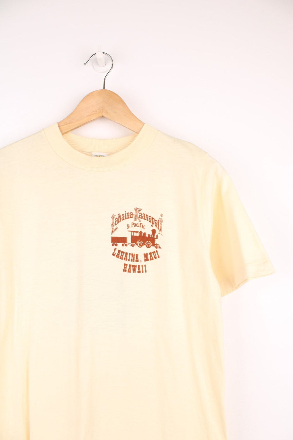 Vintage 1980's Crazy Shirt "Hawaii Maui Lahaina Kaanapali and Pacific Railroad" single stitch graphic t-shirt in tan.