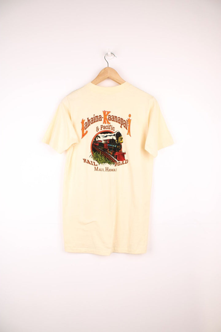 Vintage 1980's Crazy Shirt "Hawaii Maui Lahaina Kaanapali and Pacific Railroad" single stitch graphic t-shirt in tan.