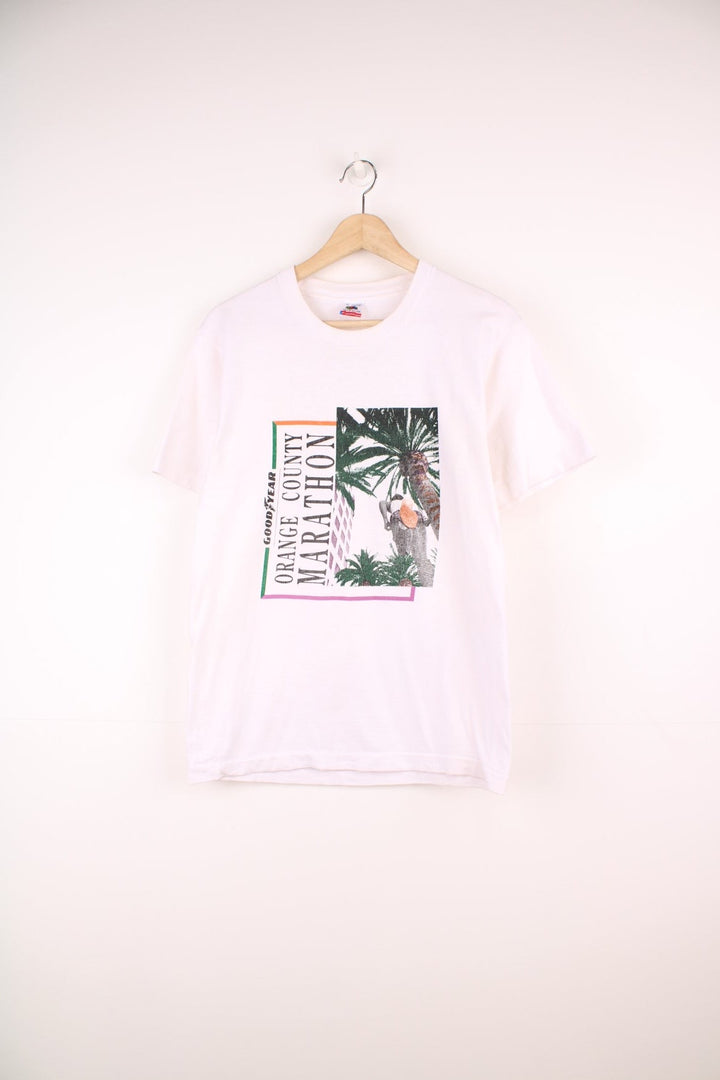 1992 white Fruit of the Loom tee with front graphic reading 'Goodyear Orange County Marathon' and back graphic reading 'November 3, 1991' and featuring brand sponsor logos.