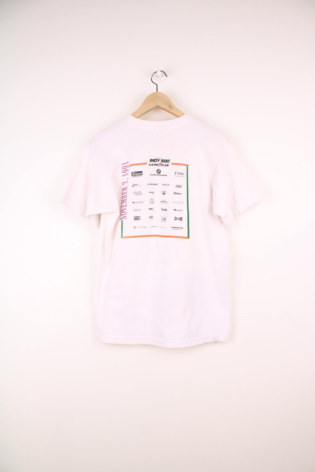 1997 white Fruit of the Loom tee with front graphic reading 'Goodyear Orange County Marathon' and back graphic reading 'November 3, 1991' and featuring brand sponsor logos.