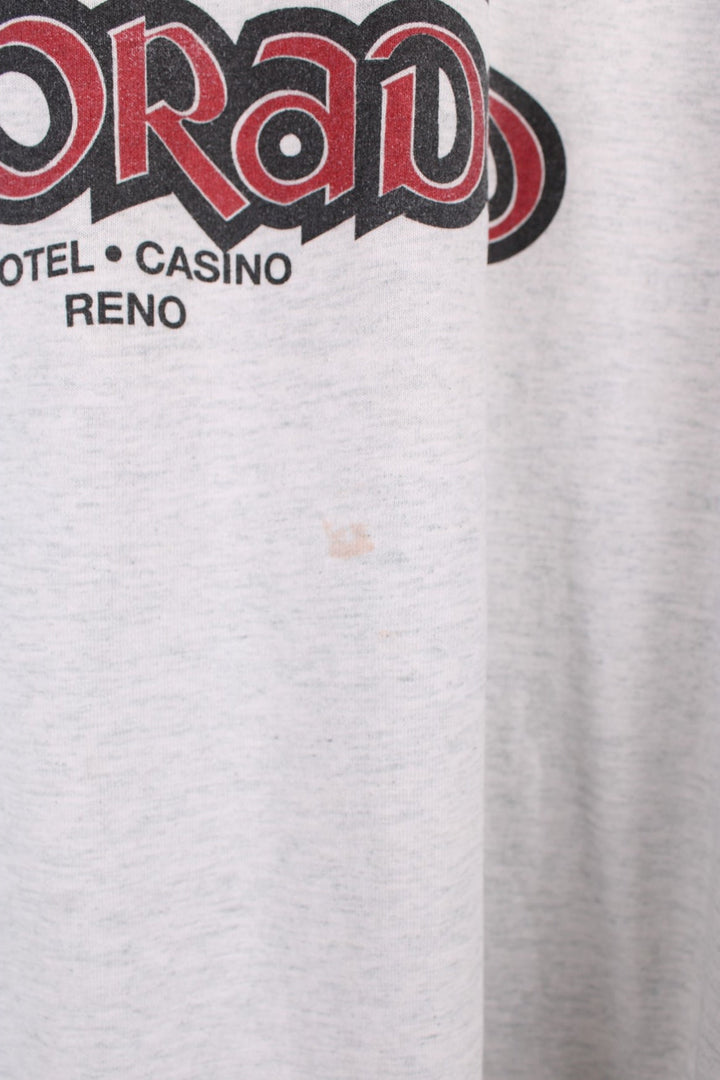 Vintage 1992 Ray 'Boom Boom' Mancini for the Eldarado Casino grey graphic t-shirt by Screen Starts Best. Features large spell-out details on the front.