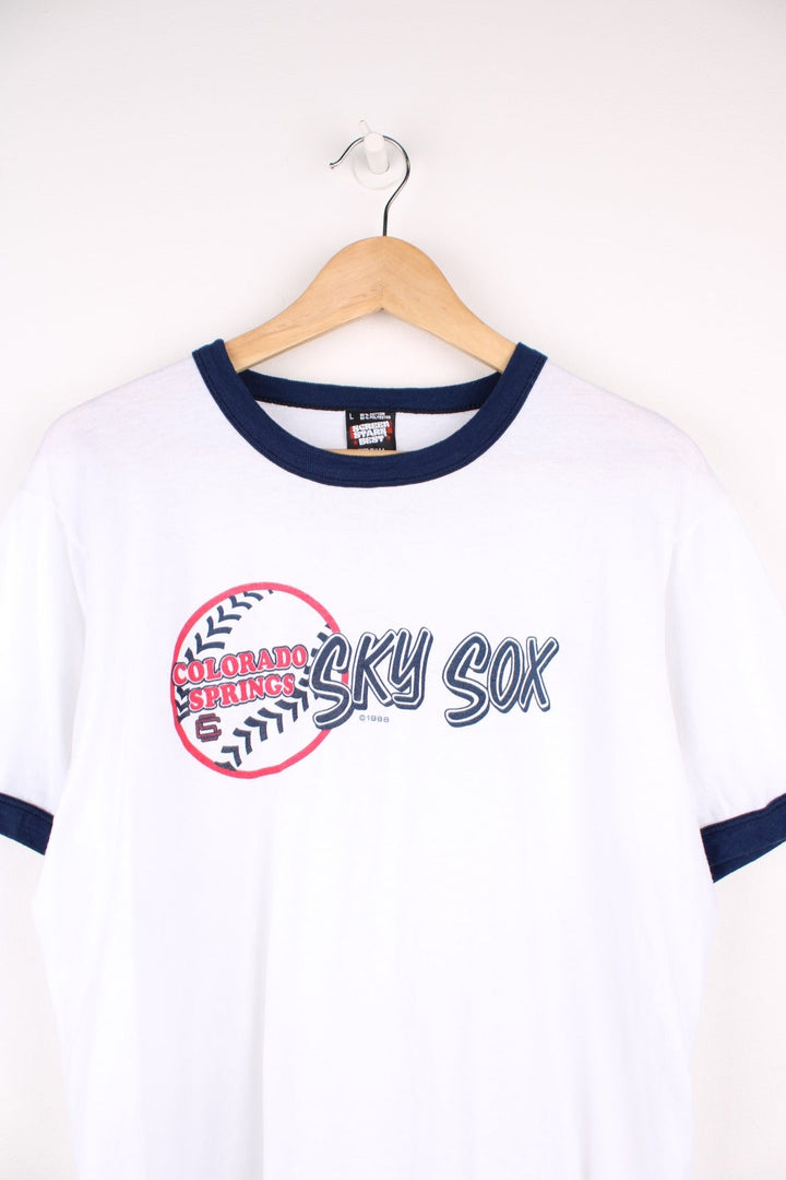 Made in the USA Vintage 90's Colorado Springs Sky Sox white and blue ringer tee. Features printed spell-out graphic across the chest