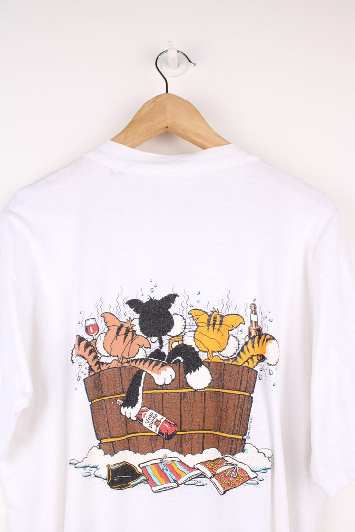 Vintage 90s single stitch Catalina Island graphic t-shirt. Features cats in a hot tub graphic on the front and back.