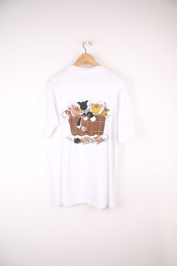 Vintage 90s single stitch Catalina Island graphic t-shirt. Features cats in a hot tub graphic on the front and back.