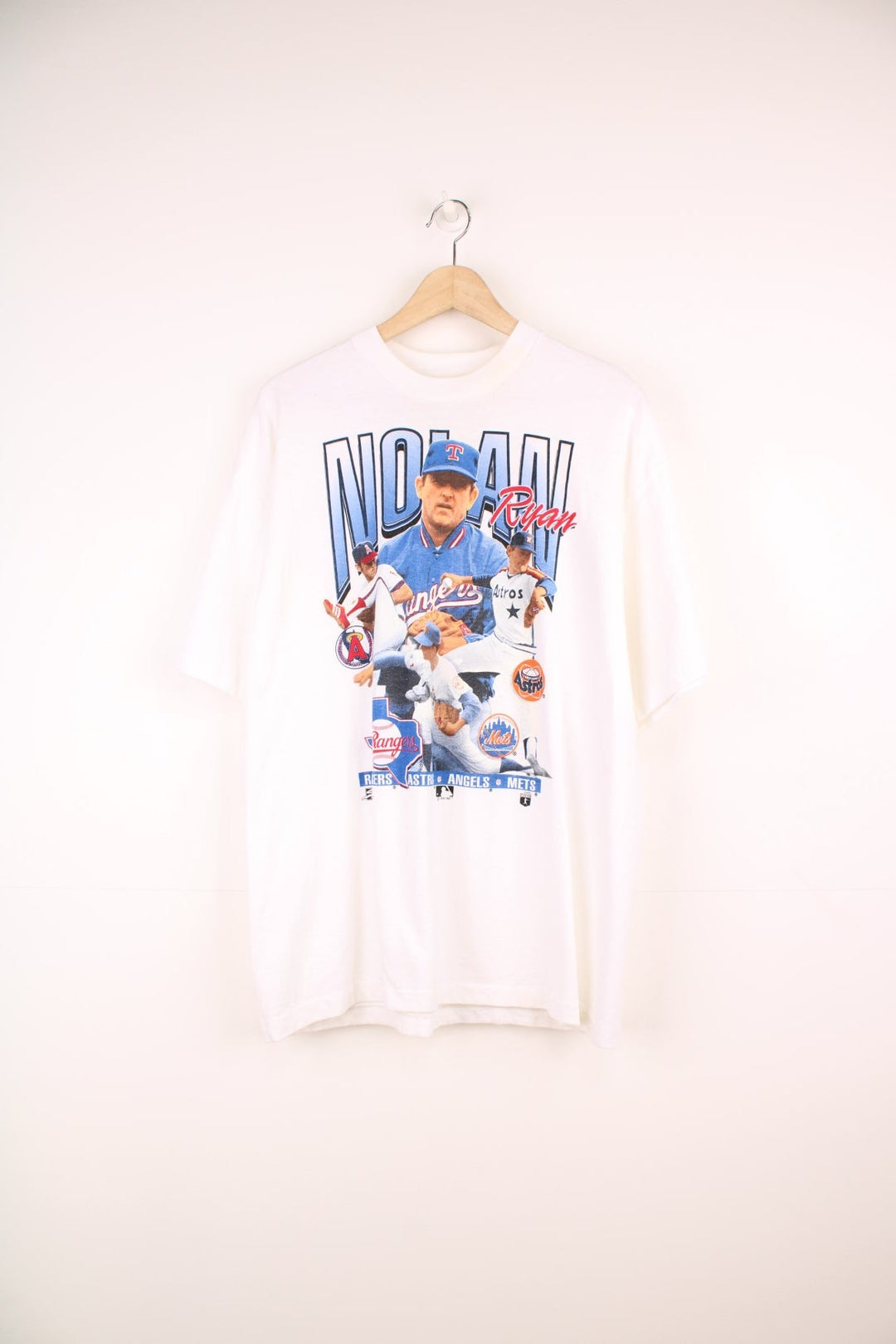 1993 Nolan Ryan spellout MLB graphic tee with a photo collage and team logos on the front, and a 'Ryan Express' MLB tour list on the back. 