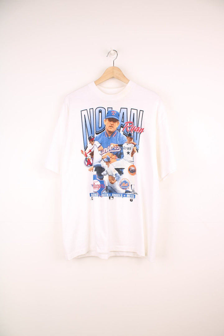 1993 Nolan Ryan spellout MLB graphic tee with a photo collage and team logos on the front, and a 'Ryan Express' MLB tour list on the back. 