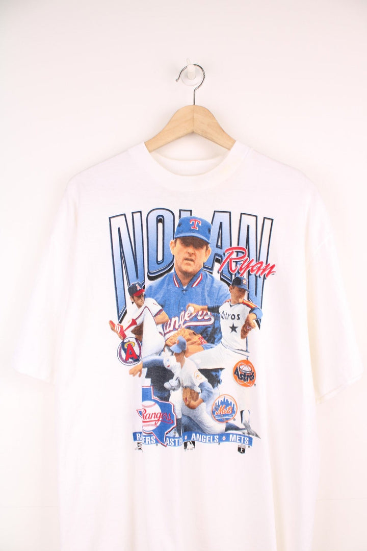 1993 Nolan Ryan spellout MLB graphic tee with a photo collage and team logos on the front, and a 'Ryan Express' MLB tour list on the back. 