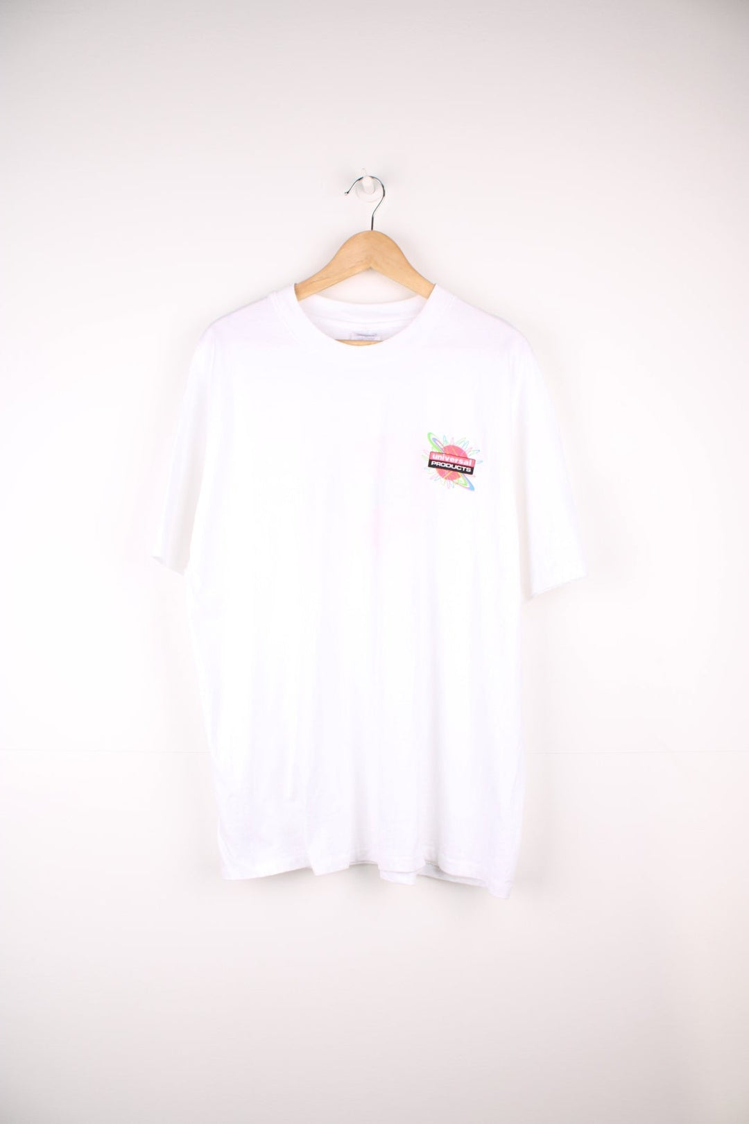 Vintage 90's "Universal Products" graphic t-shirt with printed neon colourful graphic on the chest and back 