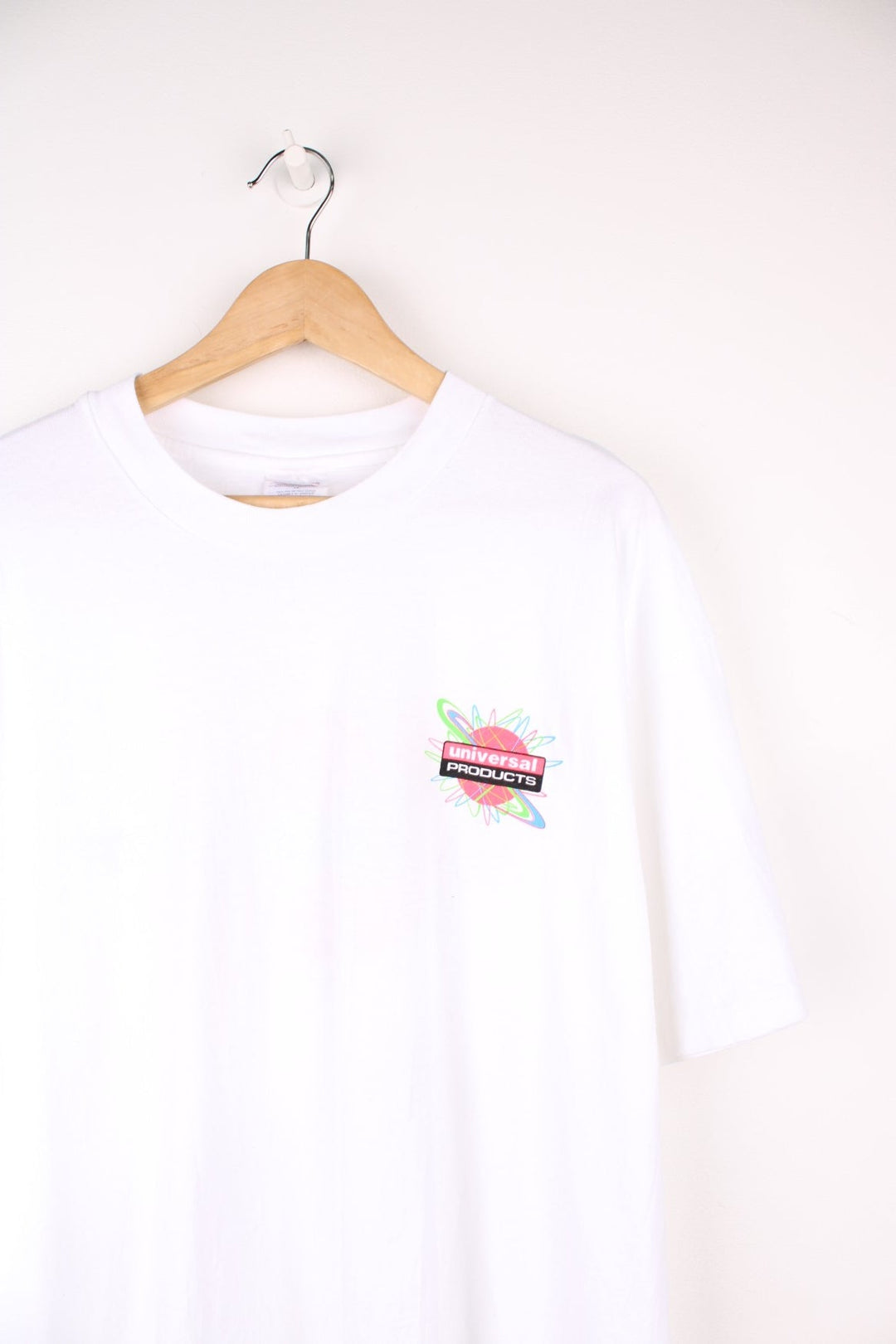 Vintage 90's "Universal Products" graphic t-shirt with printed neon colourful graphic on the chest and back 