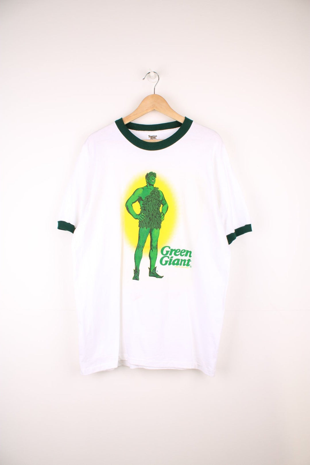 Vintage 90's Tennessee River 'Green Giant' white and green ringer tee. Features large graphic on the front