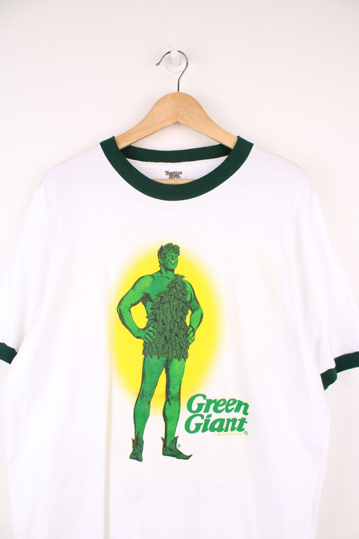 Vintage 90's Tennessee River 'Green Giant' white and green ringer tee. Features large graphic on the front