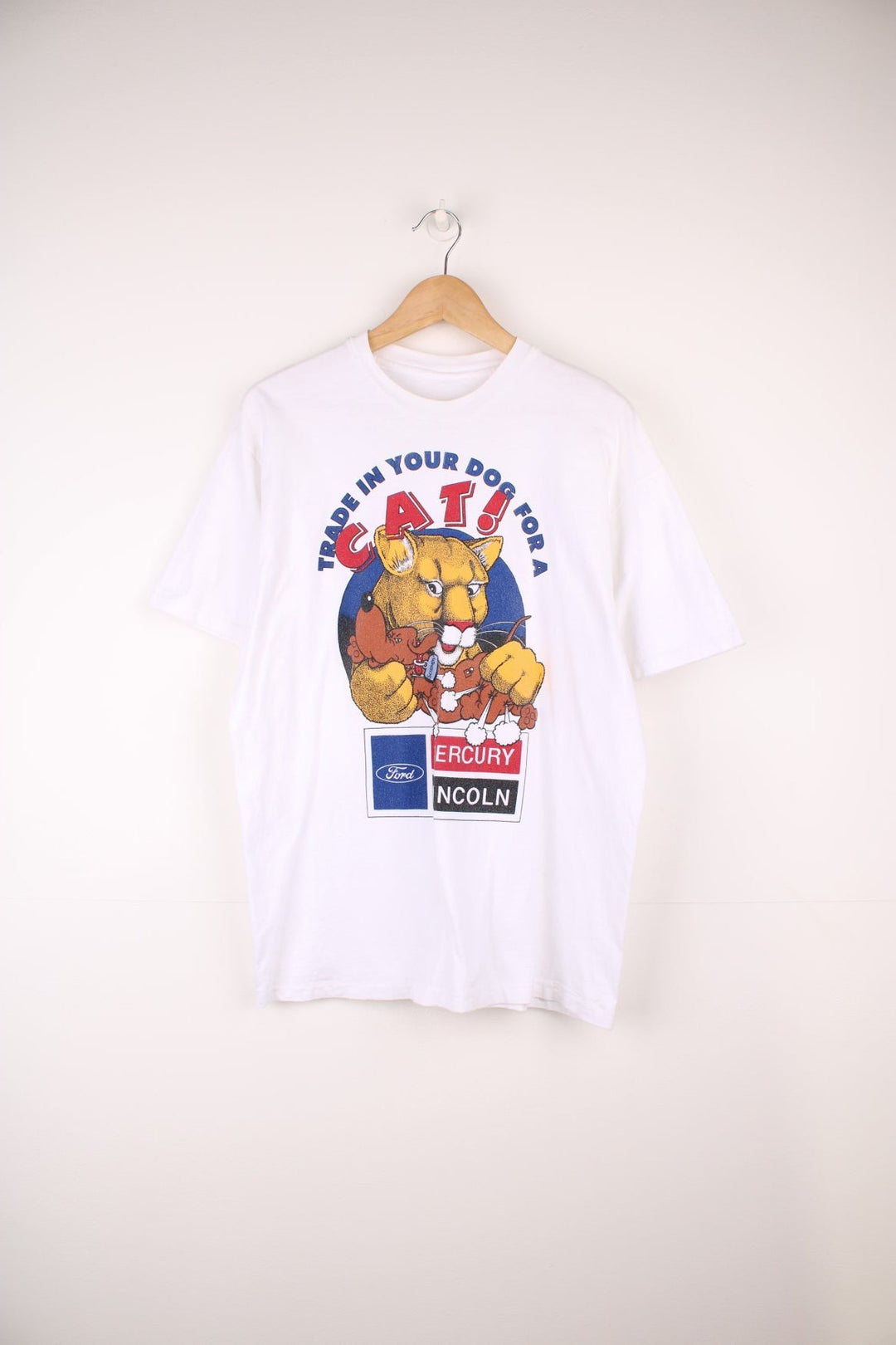 Vintage 90's Ford Mercury Lincoln single stitch t-shirt. Features large "trade in your dog for a cat" graphic on the front. 