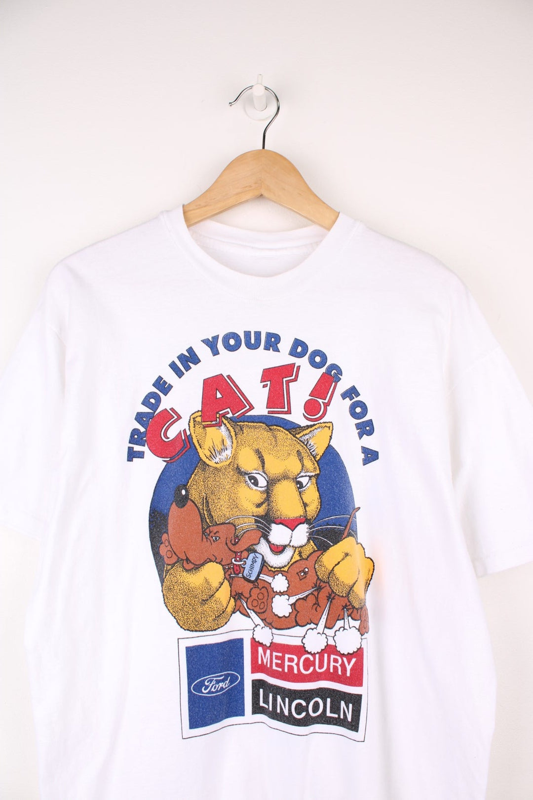 Vintage 90's Ford Mercury Lincoln single stitch t-shirt. Features large "trade in your dog for a cat" graphic on the front. 