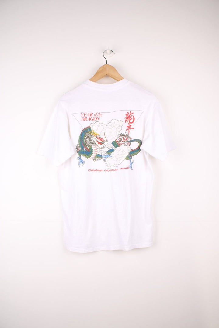 Vintage 90's Hanes Beefy T. Features spell-out "Chinatown Honolulu Hawaii" on the front with large dragon graphic on the back