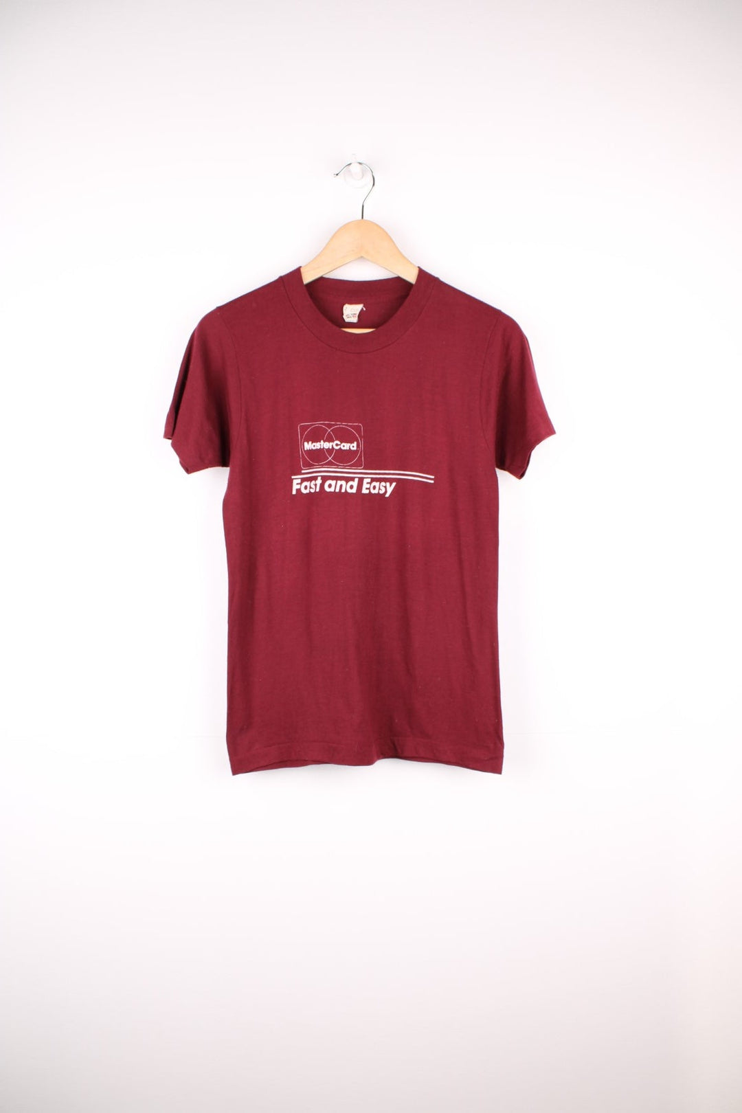 Vintage 80s Mastercard "Fast and Easy" single stitch T-Shirt in burgundy red.