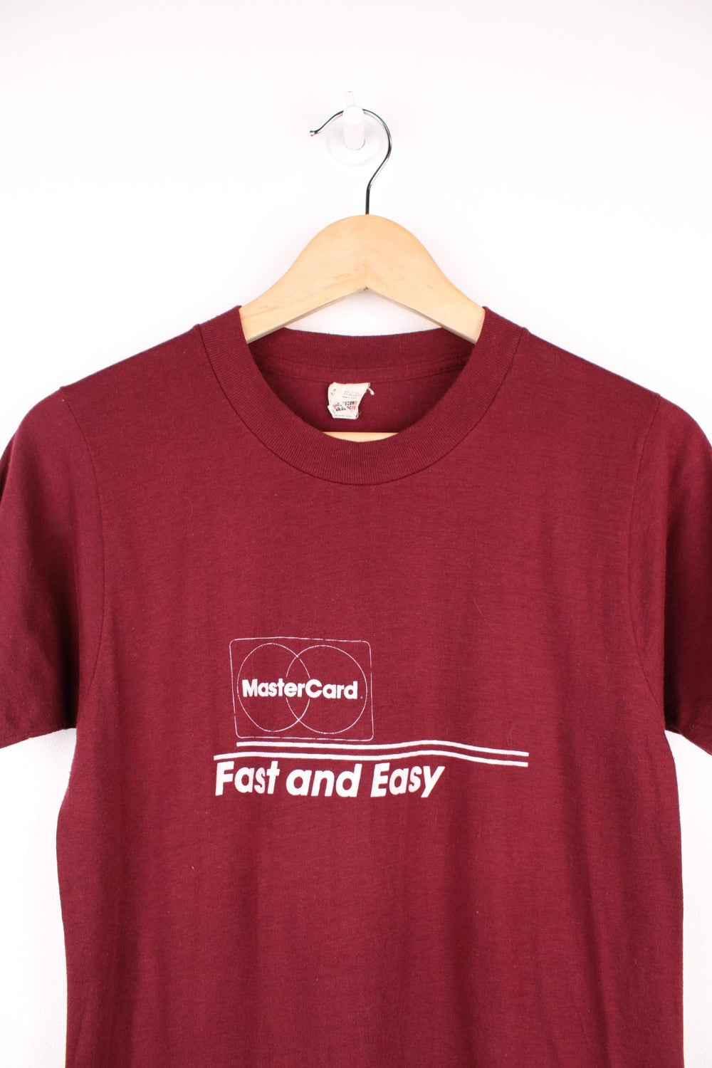 Vintage 80s Mastercard "Fast and Easy" single stitch T-Shirt in burgundy red.