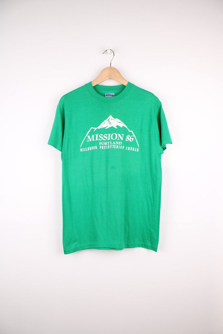 Vintage 80s, Mission 86 Portland Millbrook Presbyterian Church T-Shirt in green.