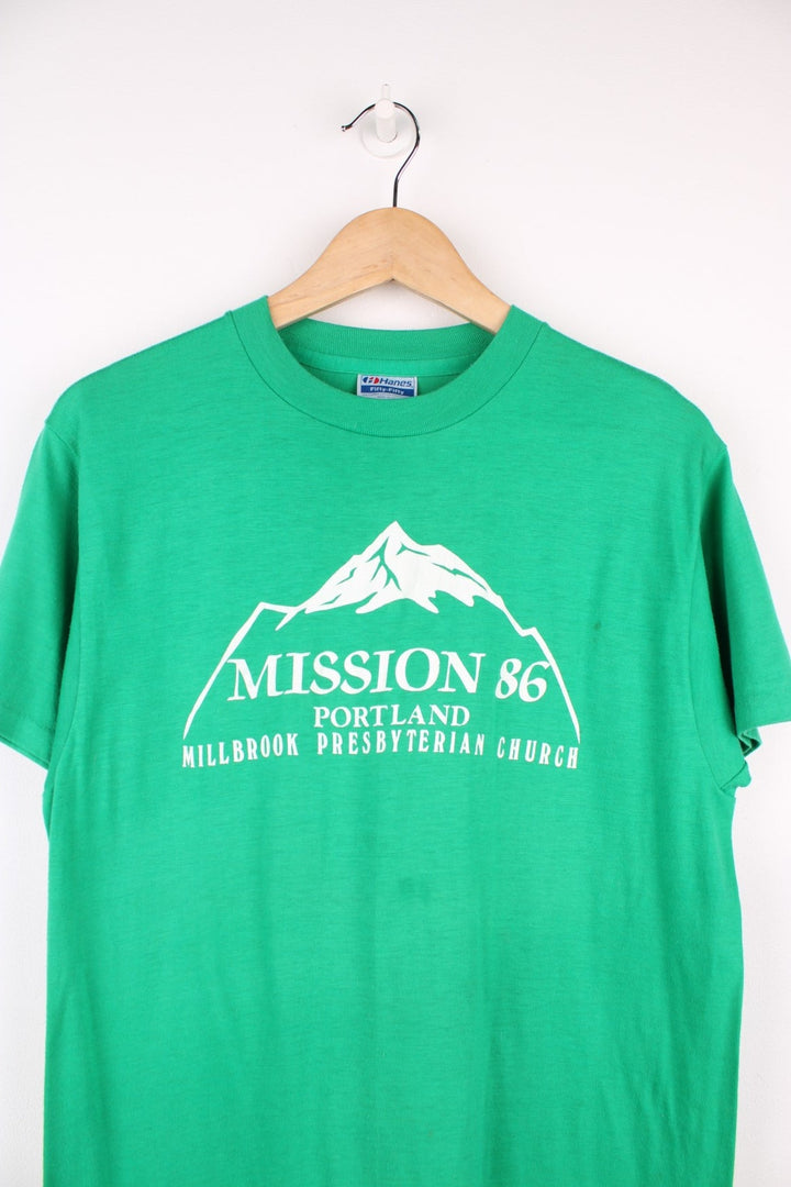 Vintage 80s, Mission 86 Portland Millbrook Presbyterian Church T-Shirt in green.