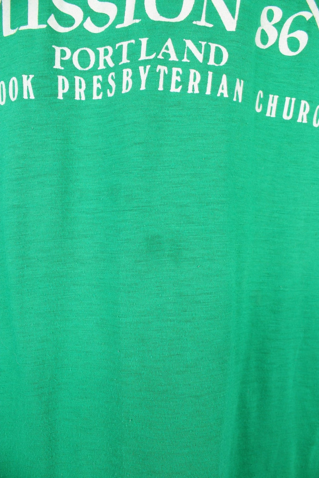 Vintage 80s, Mission 86 Portland Millbrook Presbyterian Church T-Shirt in green.