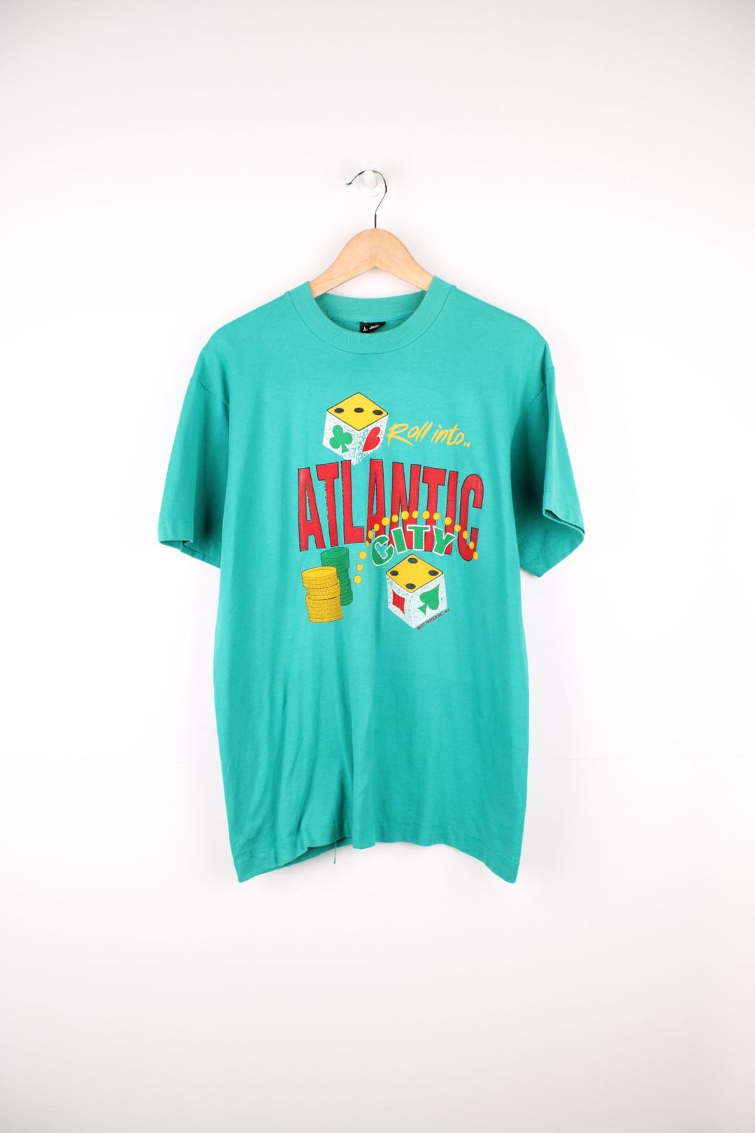 Vintage 90s Roll into Atlantic City single stitch graphic T-Shirt in a turquoise green colourway. 