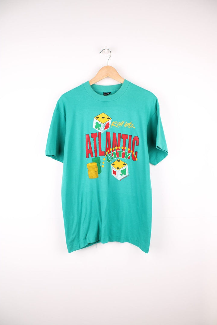 Vintage 90s Roll into Atlantic City single stitch graphic T-Shirt in a turquoise green colourway. 