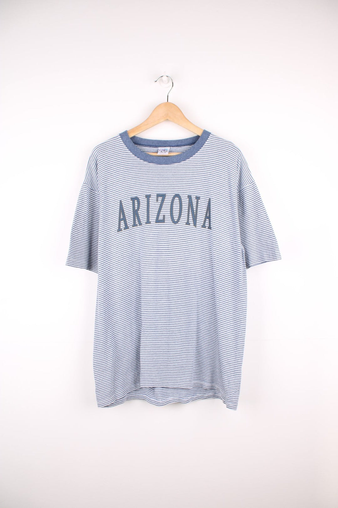 Vintage 90s striped Arizona single stitch T-Shirt in a blue and white colourway with spell out print across the chest.