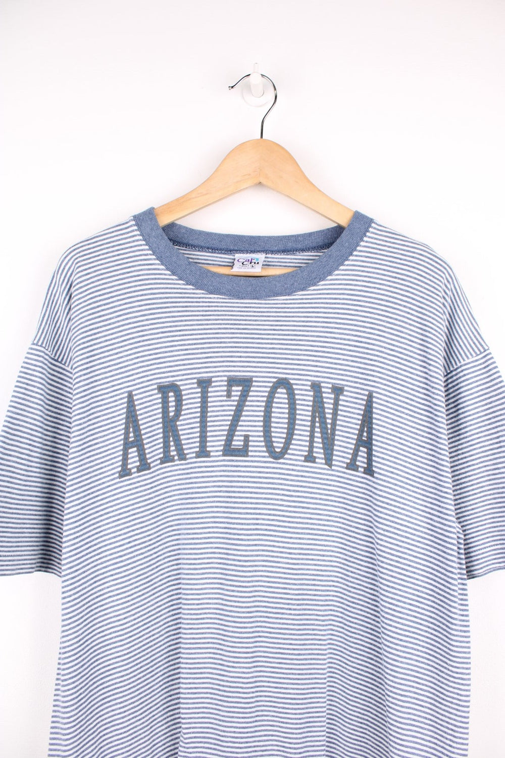 Vintage 90s striped Arizona single stitch T-Shirt in a blue and white colourway with spell out print across the chest.