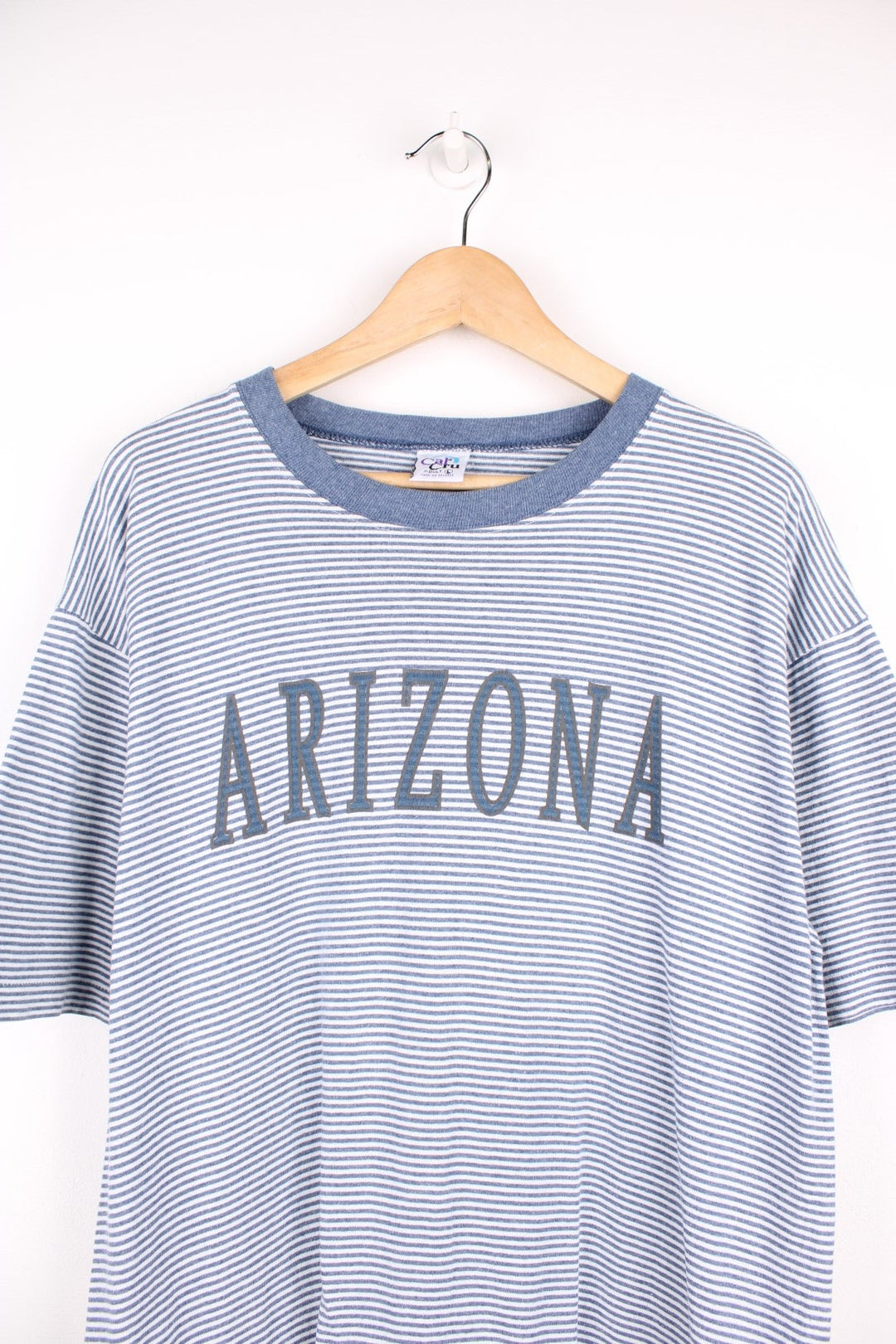 Vintage 90s striped Arizona single stitch T-Shirt in a blue and white colourway with spell out print across the chest.