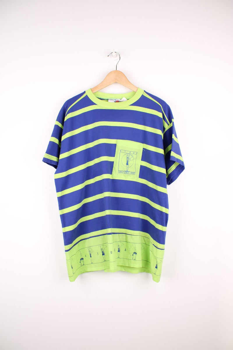 90s HTUSA Functional Sport striped T-Shirt in a purple and green colourway with chest pocket and ruffle hem. Made in the USA by Hang Ten. 