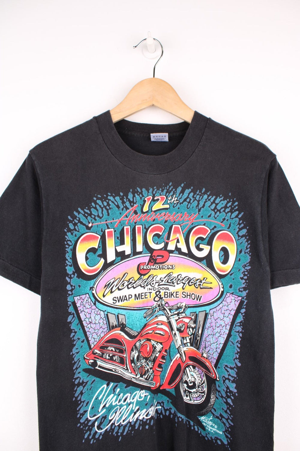 1996 Super Series Tour, J&P Promotions 12th Anniversary Chicago Bike Show single stitch T-Shirt with large graphic print on the front and back.