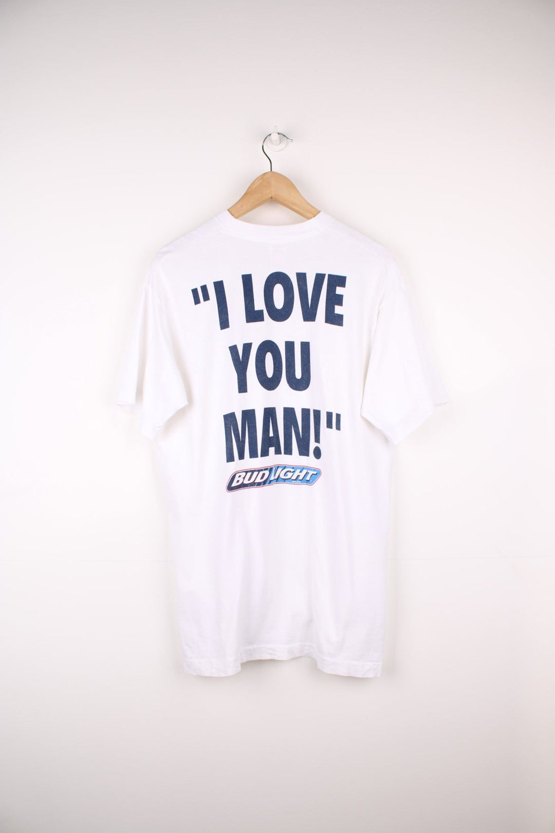 Vintage 90s Bud Light "I Love You Man!" single stitch T-Shirt with print on the chest and large spell out print on the back.