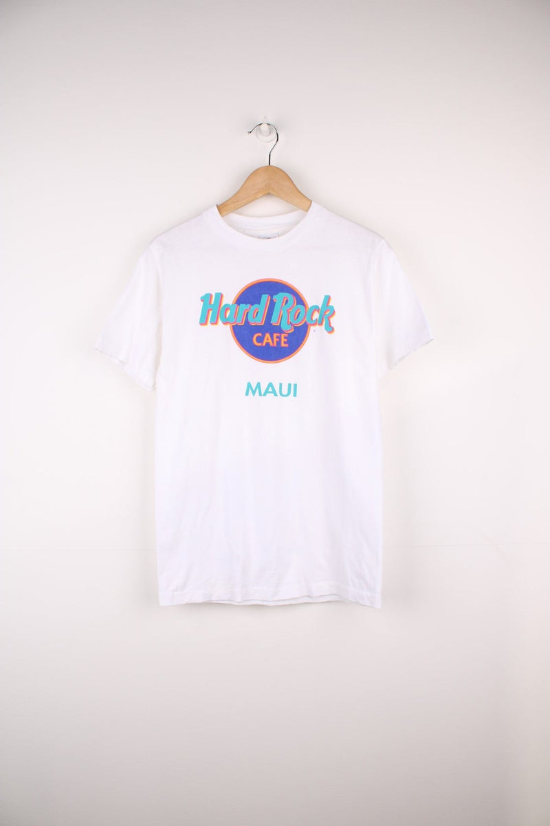 Vintage 90s Hard Rock Cafe, Maui single stitch T-Shirt with print across the front.