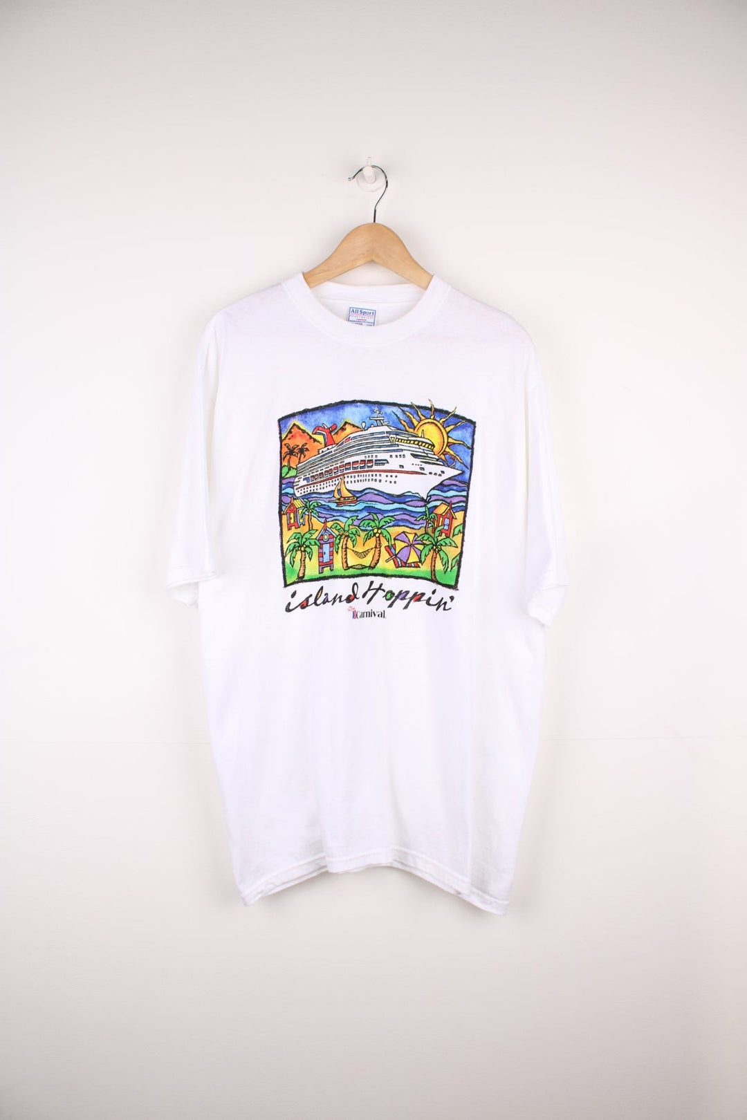 90s Carnival Cruise "Island Hoppin'" T-Shirt with graphic print on the front.