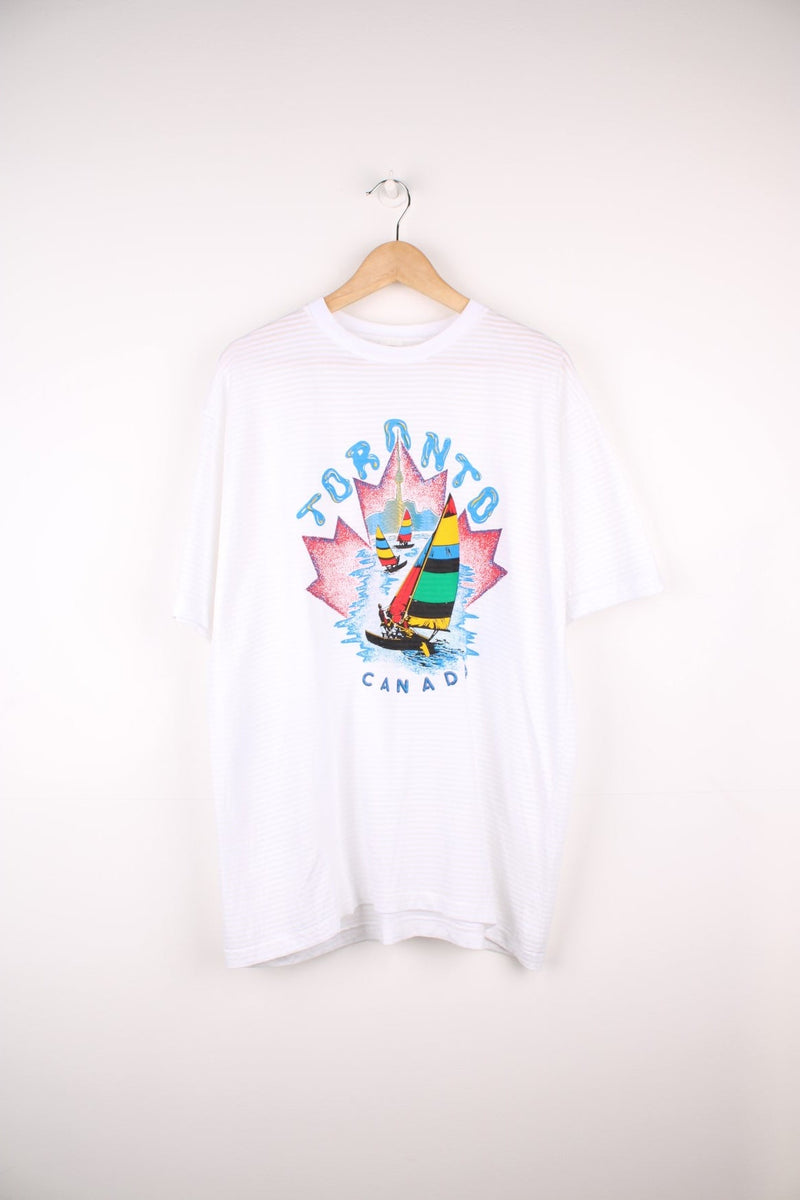 90s Toronto Canada graphic T-Shirt in white with a ribbed stripe.