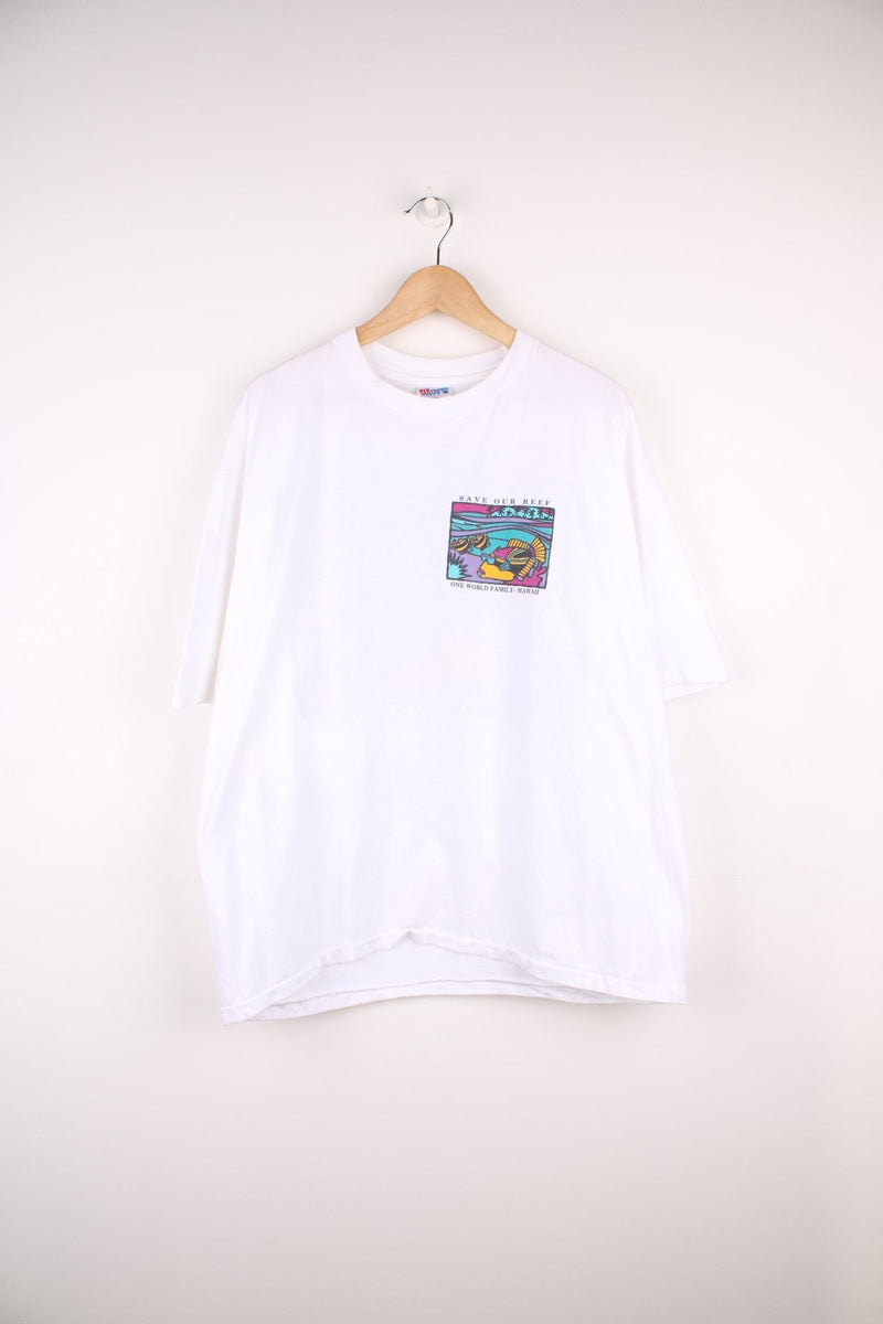 Vintage 90s Save Our Reef, One World Family - Hawaii single stitch T-Shirt with graphic fish print on the chest and back.