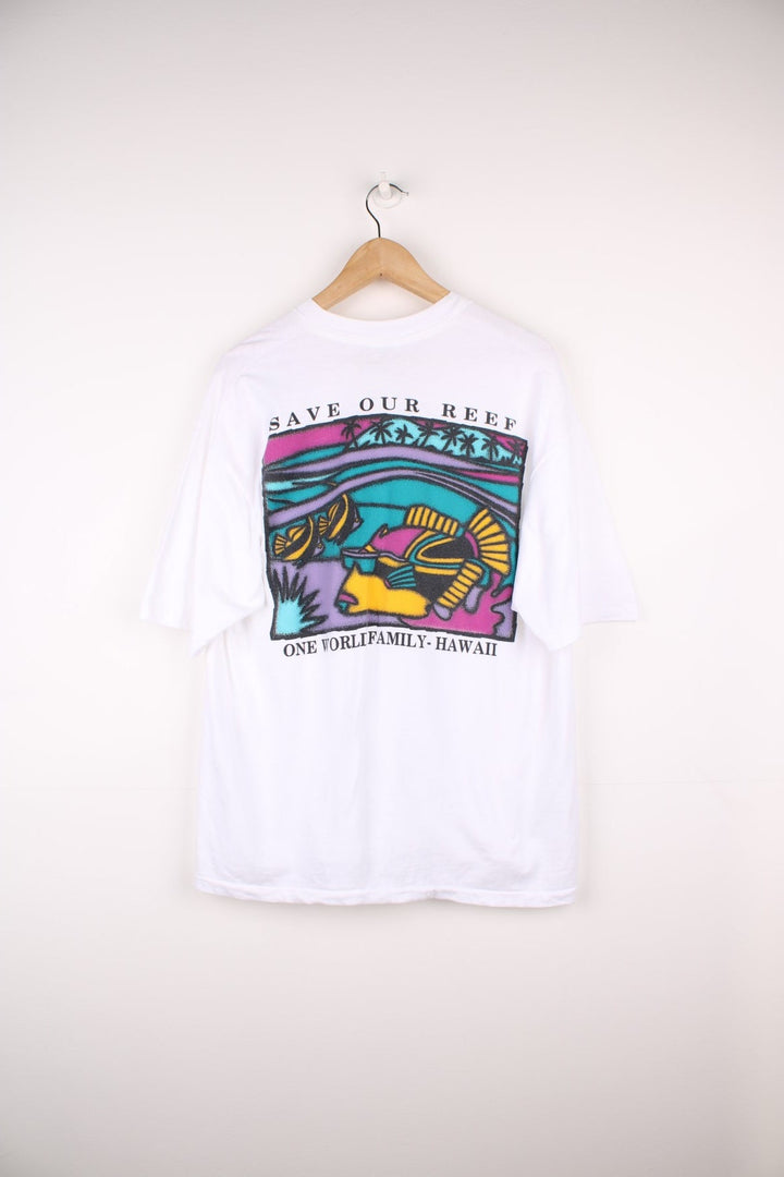 Vintage 90s Save Our Reef, One World Family - Hawaii single stitch T-Shirt with graphic fish print on the chest and back.