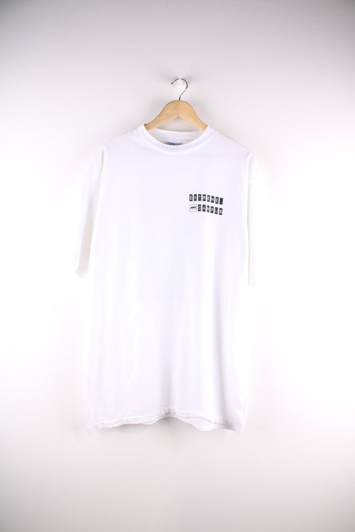  Vintage Extreme Campus T Shirt in a white colourway with a small logo printed on the front, and large graphic on the back. Single Stitch hem, made in the USA.  