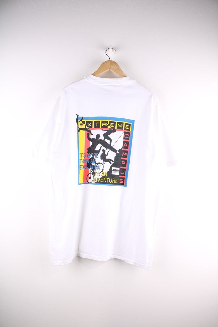  Vintage Extreme Campus T Shirt in a white colourway with a small logo printed on the front, and large graphic on the back. Single Stitch hem, made in the USA.  