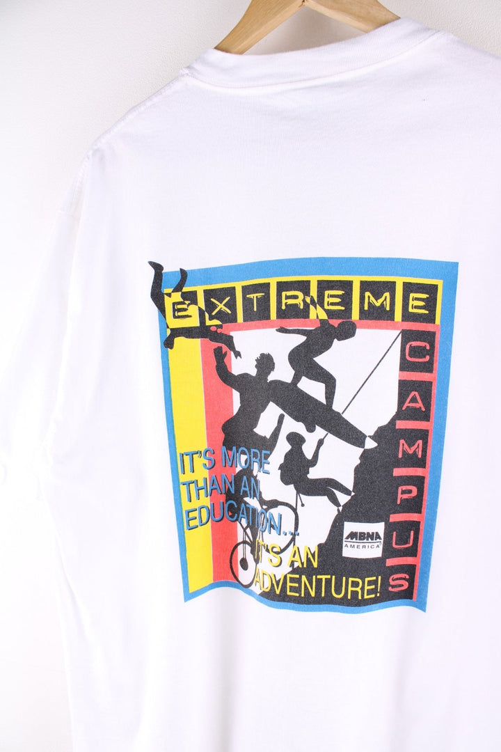  Vintage Extreme Campus T Shirt in a white colourway with a small logo printed on the front, and large graphic on the back. Single Stitch hem, made in the USA.  