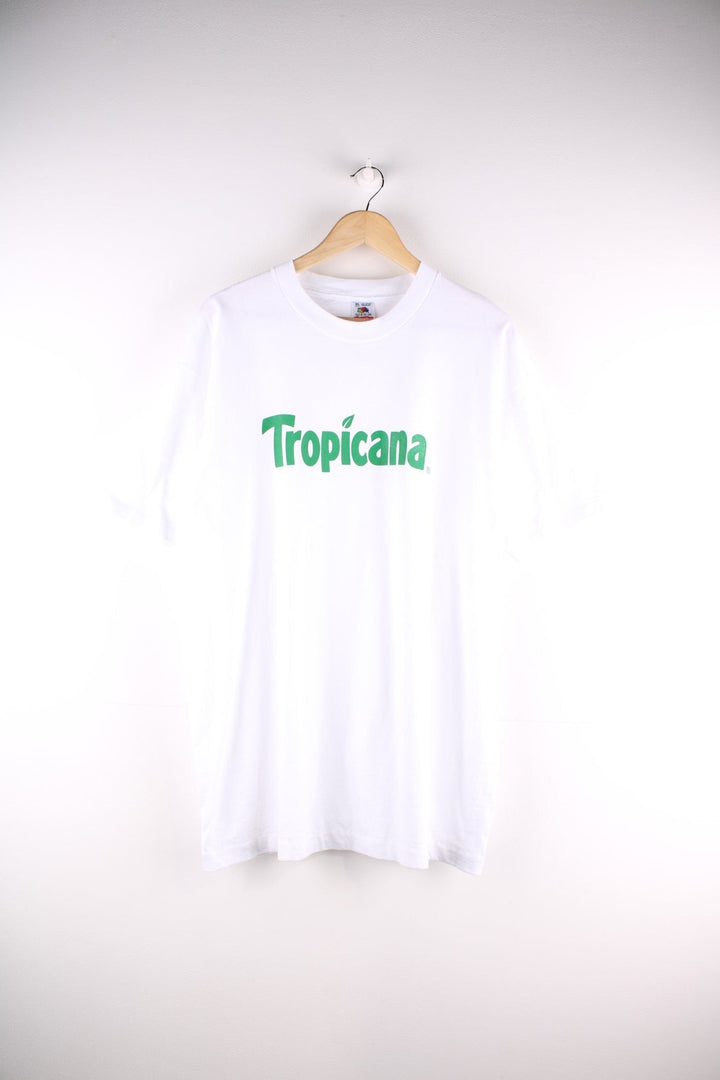 Vintage 1990s Fruit of the Loom Fruit of the Loom / Tropicana T-Shirt in a white colourway with the Tropicana logo screen printed on the front. Single Stitch, made in the USA.  