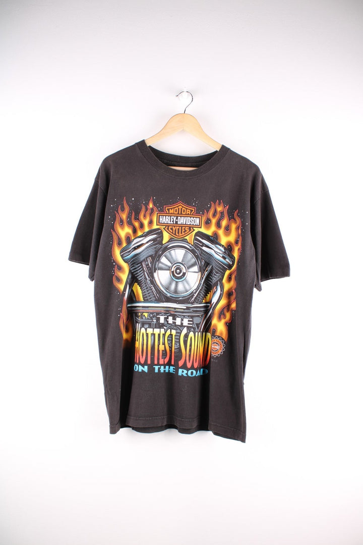 1996 Single stitch Harley-Davidson The Hottest Sound On The Road T-Shirt in black. The shirt has a large graphic on the front and back.  