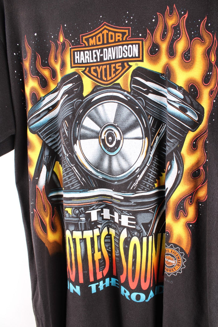 1996 Single stitch Harley-Davidson The Hottest Sound On The Road T-Shirt in black. The shirt has a large graphic on the front and back.  