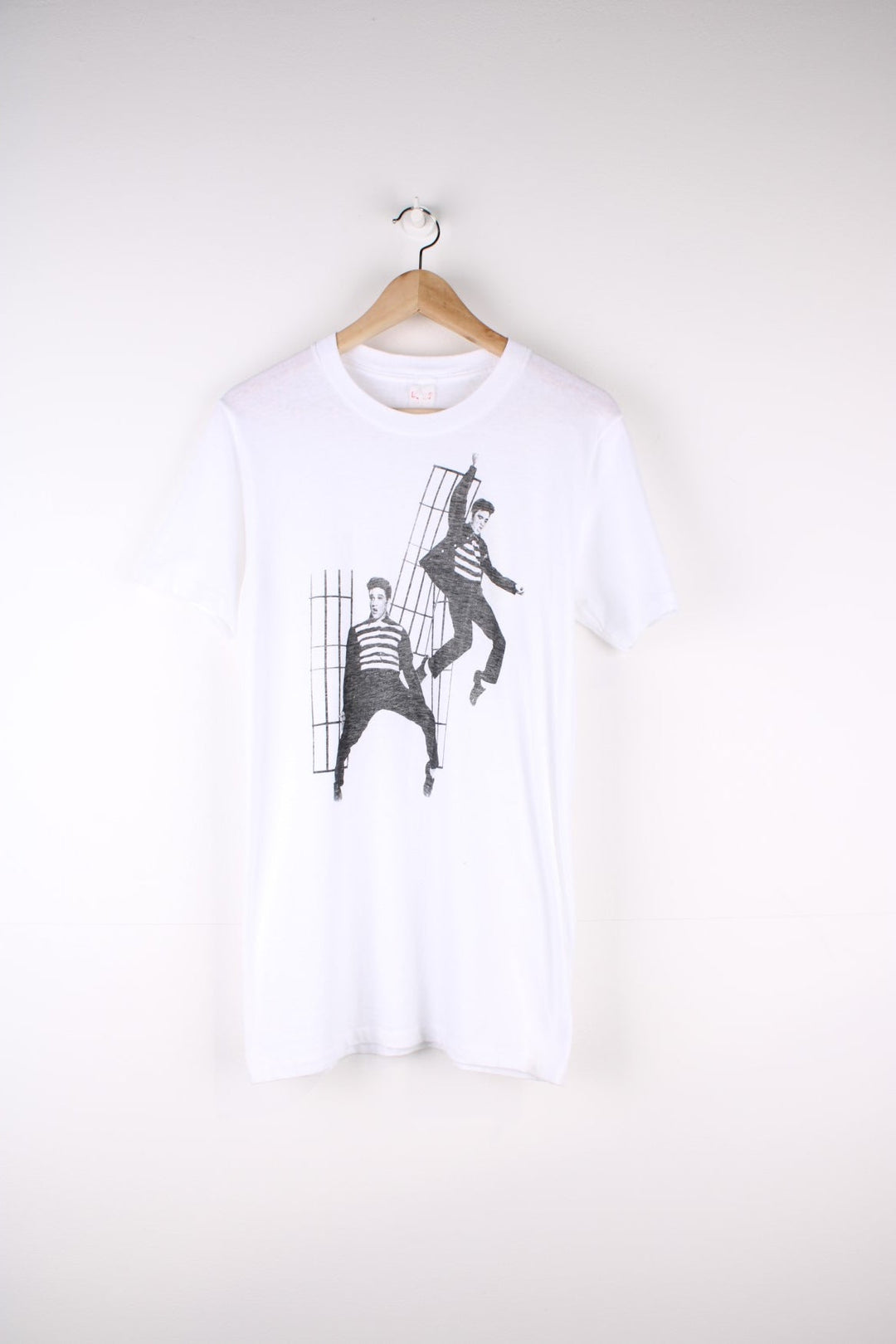 Vintage 70's Elvis Jailhouse Rock Single Stitch T-Shirt in a white colourway graphic printed on the front.