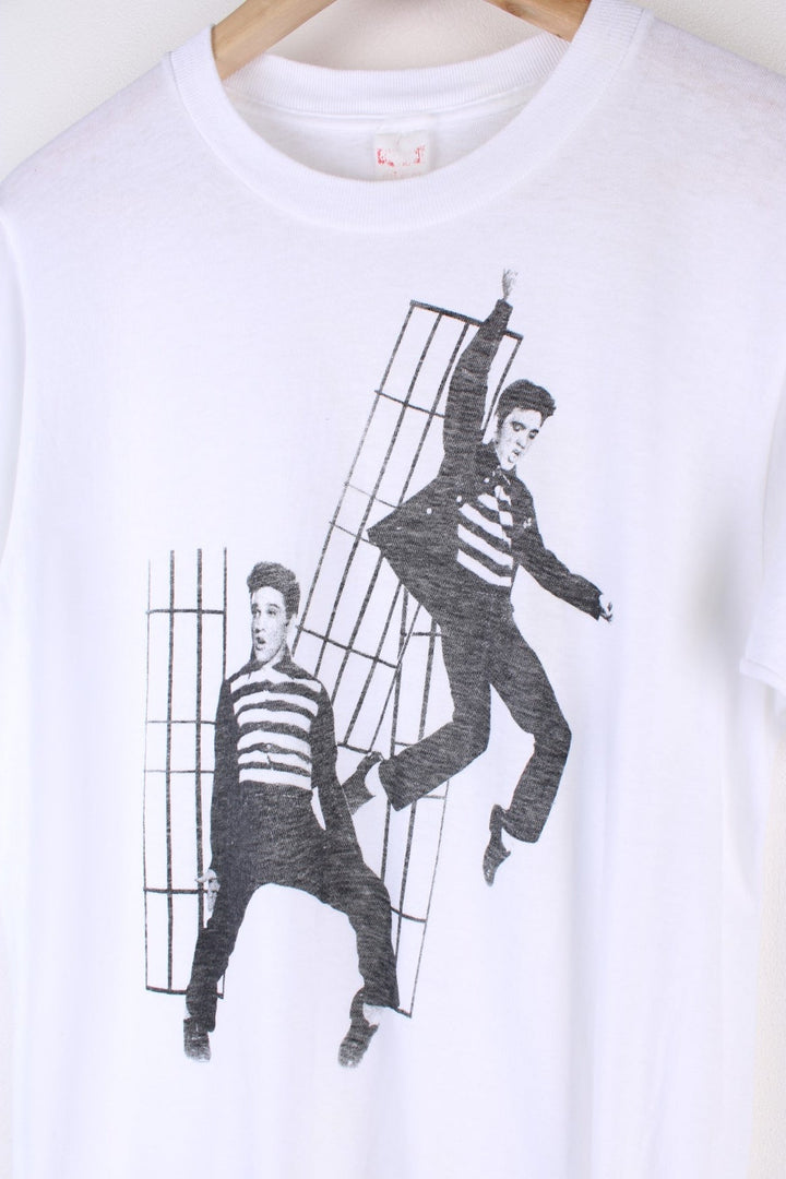 Vintage 70's Elvis Jailhouse Rock Single Stitch T-Shirt in a white colourway graphic printed on the front.