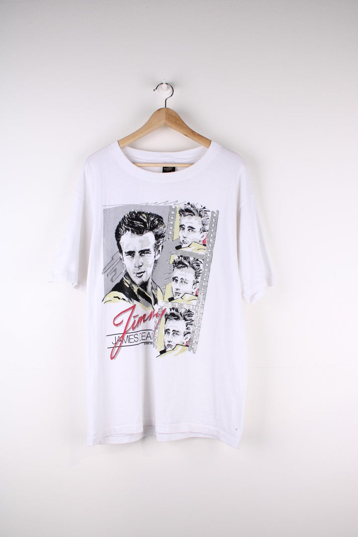 Vintage 90's James Dean Single Stitch T-Shirt in a white colourway with a graphic of him and spell out printed on the front with diamond dust feature.